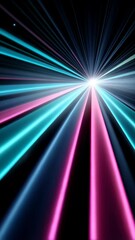 Poster - Perspective view of luminous cyan, blue, and pink light beams emanating from a central bright source against a dark backdrop.