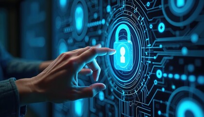 Poster - Hand touches glowing padlock icon on digital screen. Cyber security concept, access control data protection, encryption, network protection, online safety. Modern tech, digital security. Secure