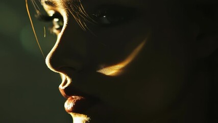 Poster - A close-up of a woman's face with soft, warm light shining on her features