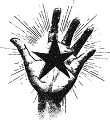 Poster - Engraved hand holding a star with radiating lines, monochrome illustration. Vector illustration