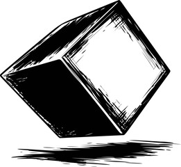 Aufkleber - Abstract monochrome sketch of floating cube with dynamic brush strokes. Vector illustration