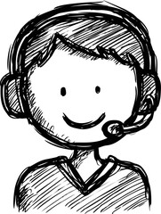 Poster - Sketch of a smiling person with a headset in black and white illustration. Vector illustration