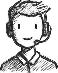Poster - Black and white sketch of a smiling call center agent wearing a headset. Vector illustration