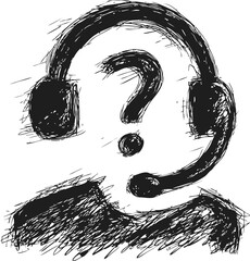 Poster - Sketch of a question mark person with headset in black and white illustration. Vector illustration