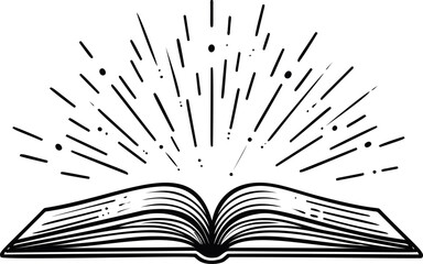 Poster - Open book with radiating lines symbolizing knowledge or magic, black and white. Vector illustration