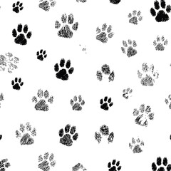 Poster - Black and white seamless pattern of animal paw prints. Vector illustration