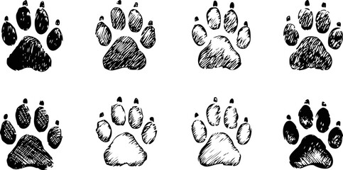 Poster - Black and white sketch of animal paw prints in a row. Vector illustration