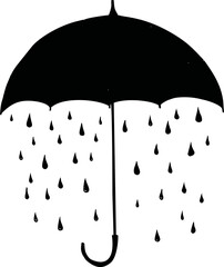 Poster - Black umbrella with falling raindrops icon, monochrome silhouette design. Vector illustration