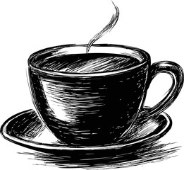 Aufkleber - Black and white sketch of a steaming coffee cup on a saucer, hand-drawn art. Vector illustration
