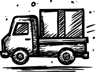 Poster - Black and white sketch of a delivery truck in motion, hand-drawn illustration. Vector illustration
