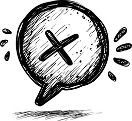 Leinwandbilder - Hand-drawn speech bubble with cross and sketchy details, black and white doodle. Vector illustration