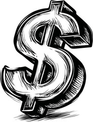 Aufkleber - Black and white sketch of a dollar symbol in bold 3d illustration concept. Vector illustration