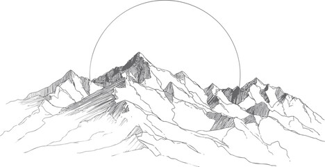 Poster - Line art of mountain range with sun in background, minimalist landscape drawing. Vector illustration