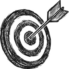 Poster - Hand-drawn black and white target with arrow hitting bullseye, illustration. Vector illustration