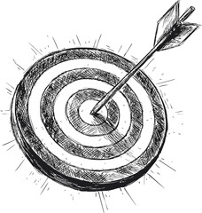 Poster - Illustration of an arrow hitting the center of a bullseye in black and white sketch. Vector illustration