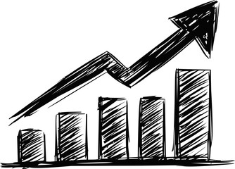 Poster - Black and white sketch of bar chart with upward arrow, growth concept. Vector illustration