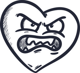 Poster - Angry heart-shaped emoticon with aggressive face in black and white illustration. Vector illustration