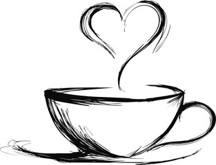 Poster - Artistic black and white sketch of a cup with heart-shaped steam. Vector illustration