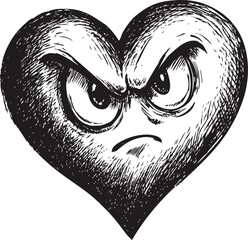 Aufkleber - Angry black and white heart sketch with expressive eyes, concept of emotion. Vector illustration