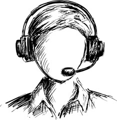 Poster - Sketch of a faceless person with a headset and microphone in black and white. Vector illustration