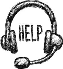 Poster - Hand drawn headset surrounding the word help in black and white sketch. Vector illustration