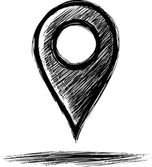 Poster - Hand-drawn black and white sketch of a map location pin icon. Vector illustration