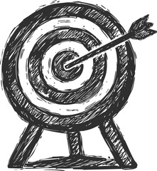 Leinwandbilder - Black and white sketch of a target with an arrow hitting the bullseye. Vector illustration