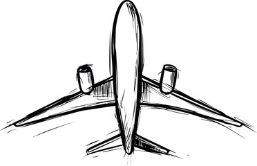 Poster - Sketch of an airplane with engines viewed from above in black and white drawing. Vector illustration