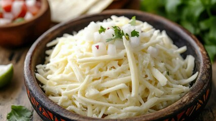 Poster - A bowl filled with shredded cheese and garnished with various toppings