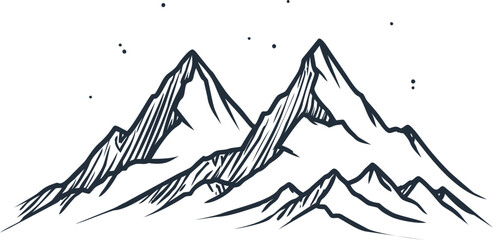 Poster - Line art of majestic mountain peaks with starry sky in black and white. Vector illustration