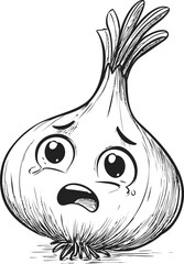 Poster - Sad cartoon onion with expressive eyes in black and white illustration. Vector illustration