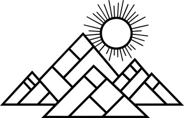 Aufkleber - Geometric mountains and sun line art illustration in black and white minimal style. Vector illustration