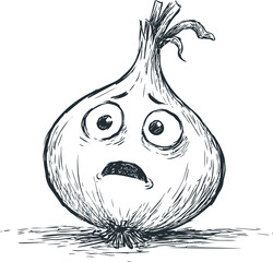 Poster - Distressed cartoon onion with wide eyes sketched in black and white. Vector illustration