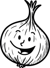 Poster - Smiling cartoon onion with facial features in black and white drawing. Vector illustration
