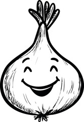 Poster - Happy cartoon onion with smiley face in black and white illustration. Vector illustration