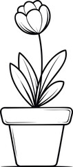 Aufkleber - Black and white line drawing of a potted flower with multiple leaves. Vector illustration