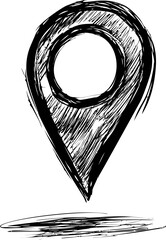 Poster - Black and white sketched location pin on a plain background, hand-drawn illustration. Vector illustration