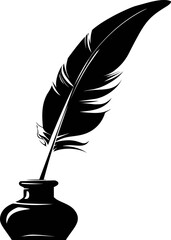 Poster - Black and white ink pot with quill feather pen in vintage style illustration. Vector illustration