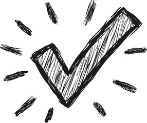 Poster - Hand-drawn black and white check mark with rays emphasizing approval. Vector illustration