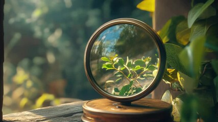 Poster - A simple still life composition featuring a mirror sitting on top of a wooden table, ideal for use in interior design or product photography