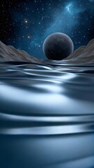 Wall Mural - ethereal planet above liquid surface and rocky landscape against starry cosmic background in a space
