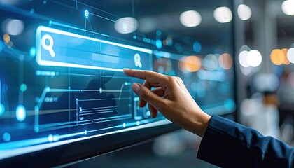 Poster - Hand interacting with a digital touchscreen interface featuring search fields and data visualizations in a modern tech environment