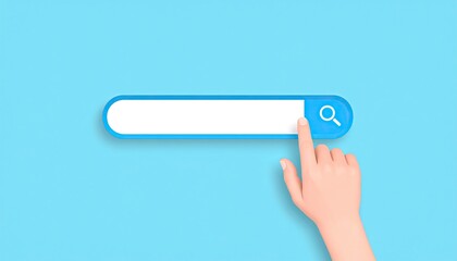 Poster - Hand pressing search button on digital interface with blank input field against blue background representing online searching or browsing