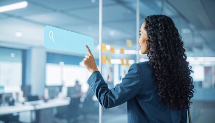 Poster - Business professional using a digital touchscreen interface to search for information in a modern office environment