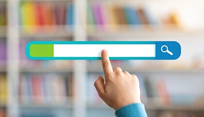 Poster - Hand reaching for a search bar with colorful bookshelves in the background, symbolizing knowledge and learning