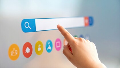 Poster - Hand pointing towards a search bar on a digital interface with colorful icons representing various categories of information