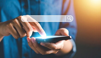 Poster - Person using a smartphone with a search bar overlay, focused on searching for information against a bright background