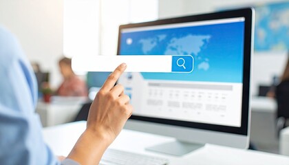 Poster - Person searching the internet on a computer with a visible search bar, focused office environment in the background
