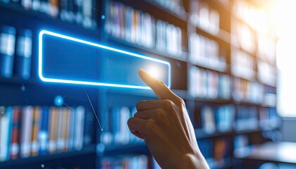 Poster - Hand pointing at a digital screen in a modern library with bookshelves in the background, symbolizing technology in education