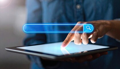 Poster - Close-up of a person using a tablet to search online, featuring a glowing search bar interface overlay